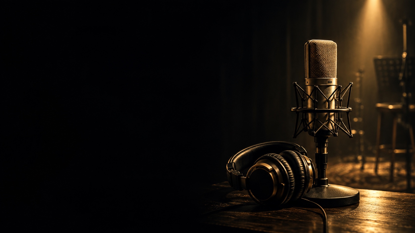 Microphone et casque dans un studio de podcast aux lumières dorées.