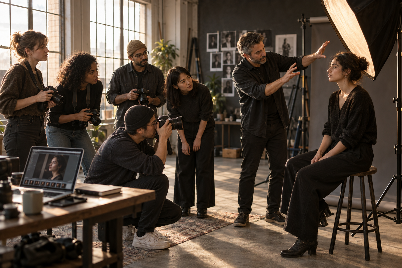 Groupe apprenant la photographie et l’éclairage de portrait avec un formateur — illustration.