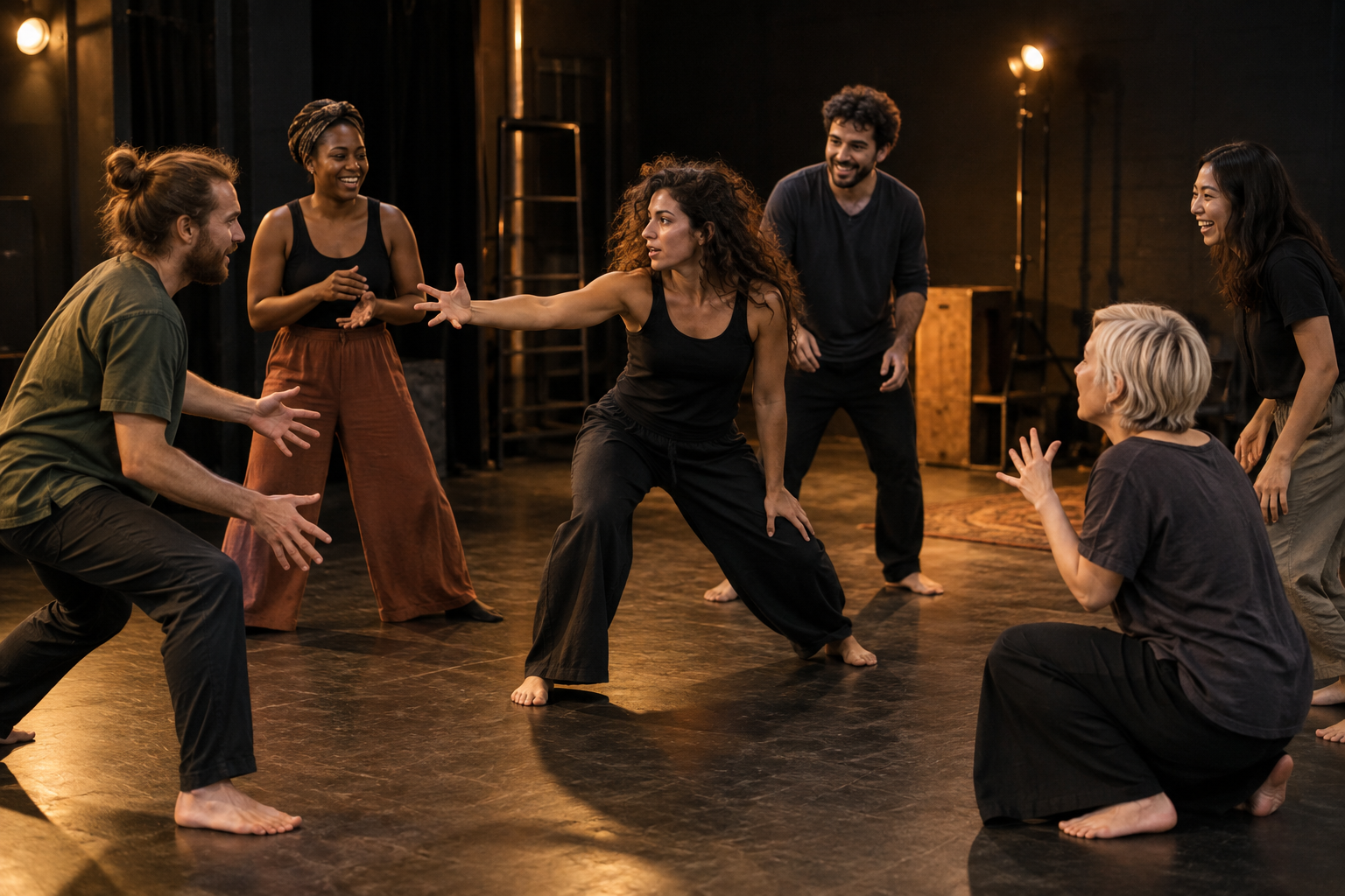 Groupe participant à un exercice d’improvisation théâtrale dans un studio — illustration.